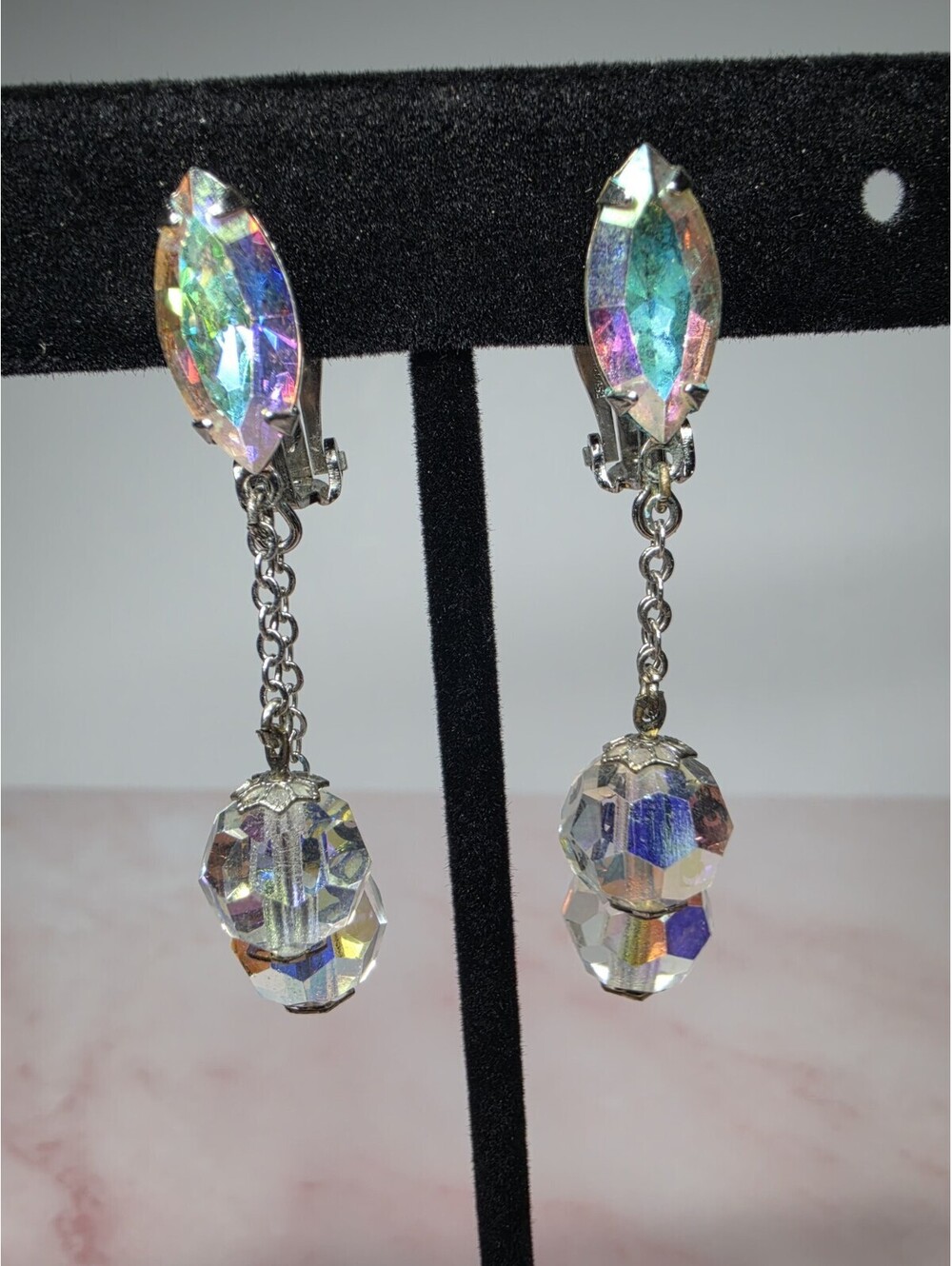 Vintage Lewis Segal Aurora Borealis Crystal Dangle Clip On Earrings